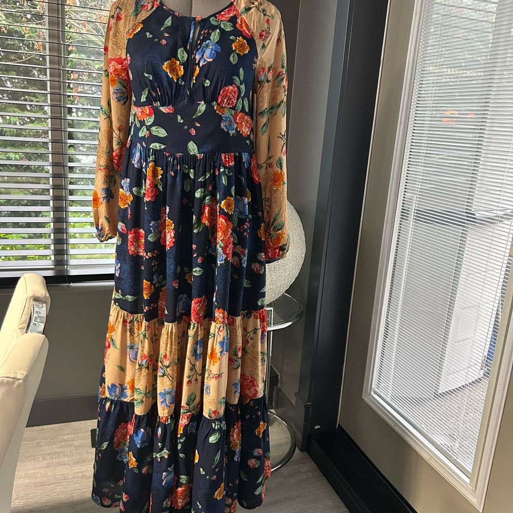 Patrons of Peace Navy and Beige Floral Long Sleeve Dress